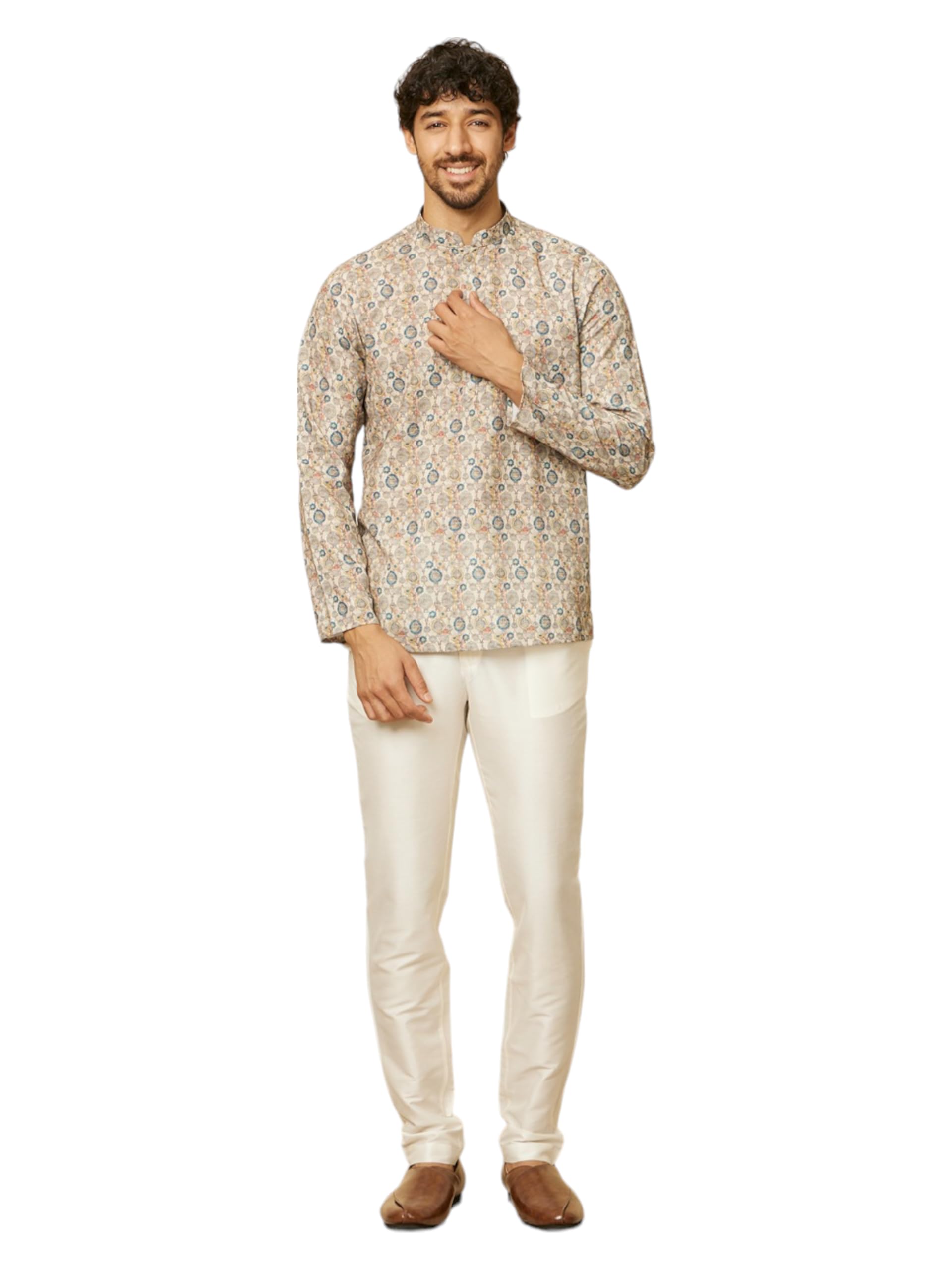 Manyavar Mens Beige Blended Cotton Printed Short Kurtas