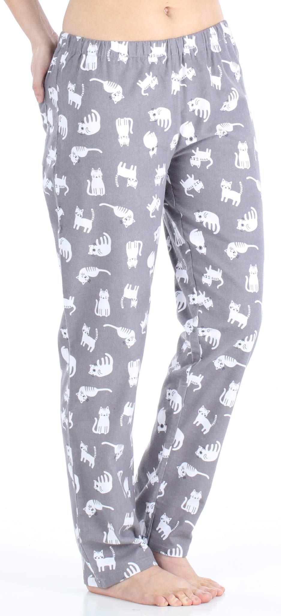 PajamaMania Women's Cotton Flannel Long Sleeve Button-Down Pajamas PJ Set, Grey Cats, Medium