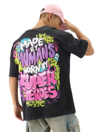 The Souled Store Made by Humans Men and Boys Short Sleeve Round Neck Black Graphic Printed Cotton Oversized T-Shirts