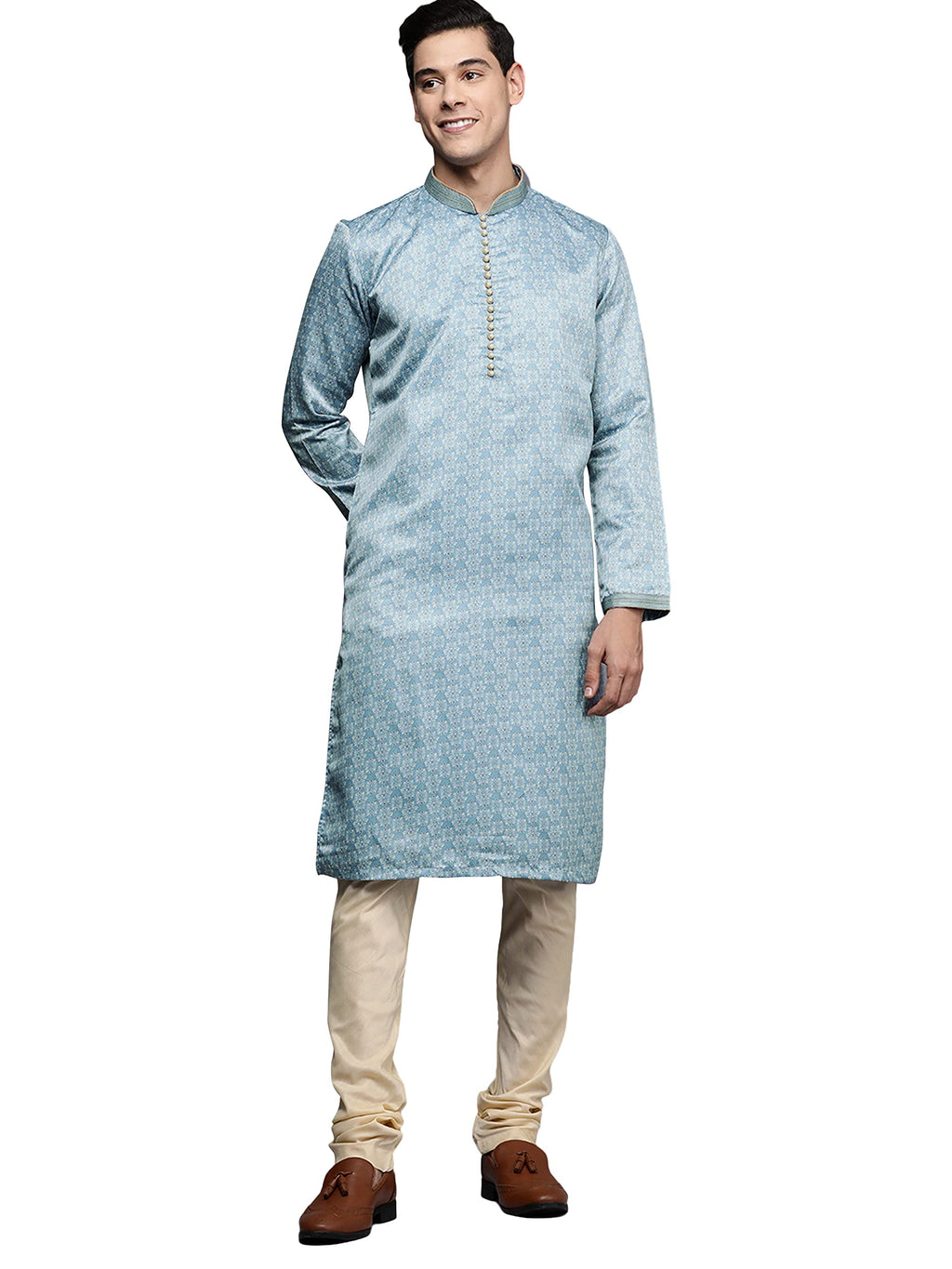 Manyavar Kurta Set for Men, Full Sleeves Mandarin Collar Ethnic Kurta Set for Diwali, Wedding, Party Satin (Maroon, XL)