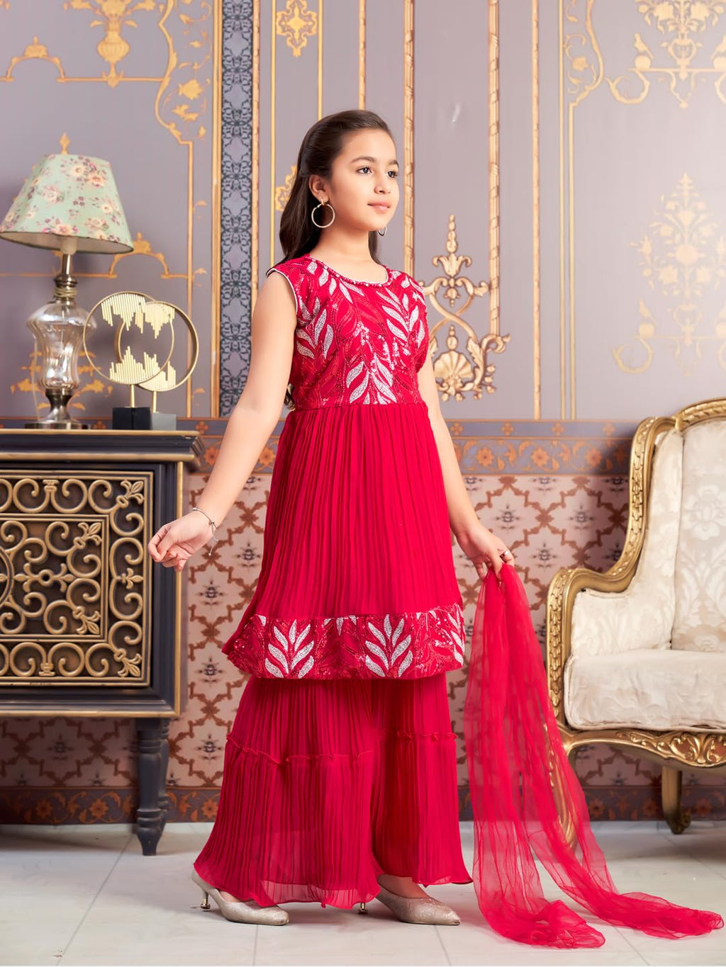 Aarika Girls Ethnic Wear Rani Colour Sequin Thread Embroidery Georgette Kurti Sharara Set (4-15 Years)