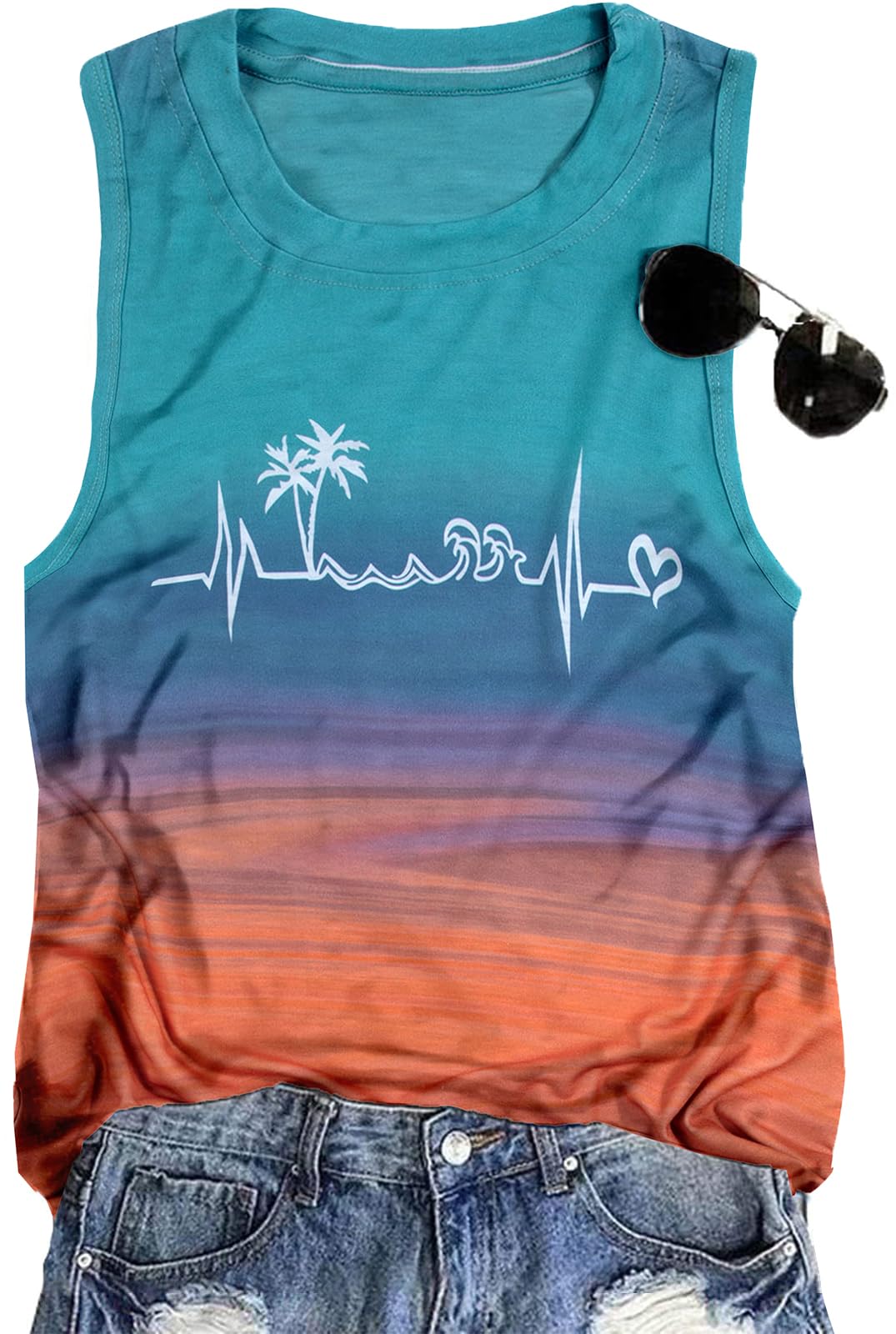 Beach Heartbeat Tank Tops For Women Summer Sleeveless Love Graphic Print T Shirt Boating Gifts Vacation Muscle Shirt, Sunset Red 2