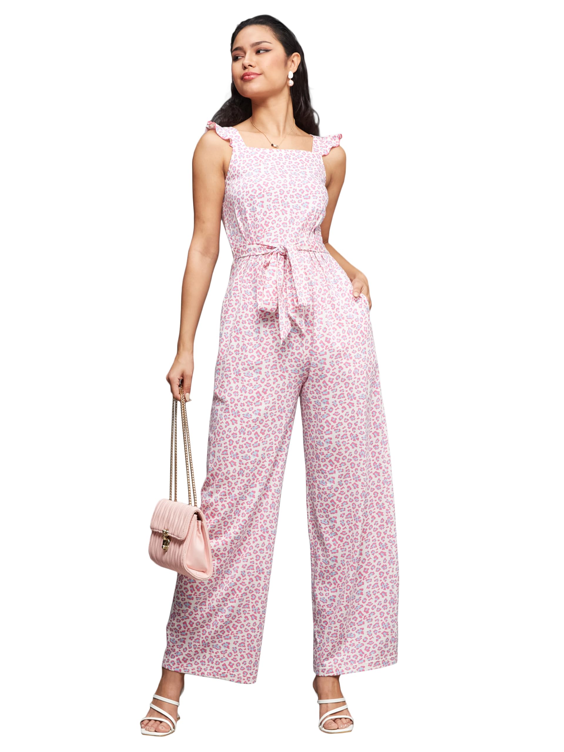 Miss Chase Womens Square Neck Sleeveless Animal-Patterned Waist Tie-Up Pure Cotton Regular-Length Jumpsuit (MCSS24D19-16-192-06