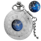 Tiong Vintage Pocket Watch Roman Numerals Scale Blue Starry Night Moon Dial Christmas Graduation Birthday Gifts Fathers Day(Silv