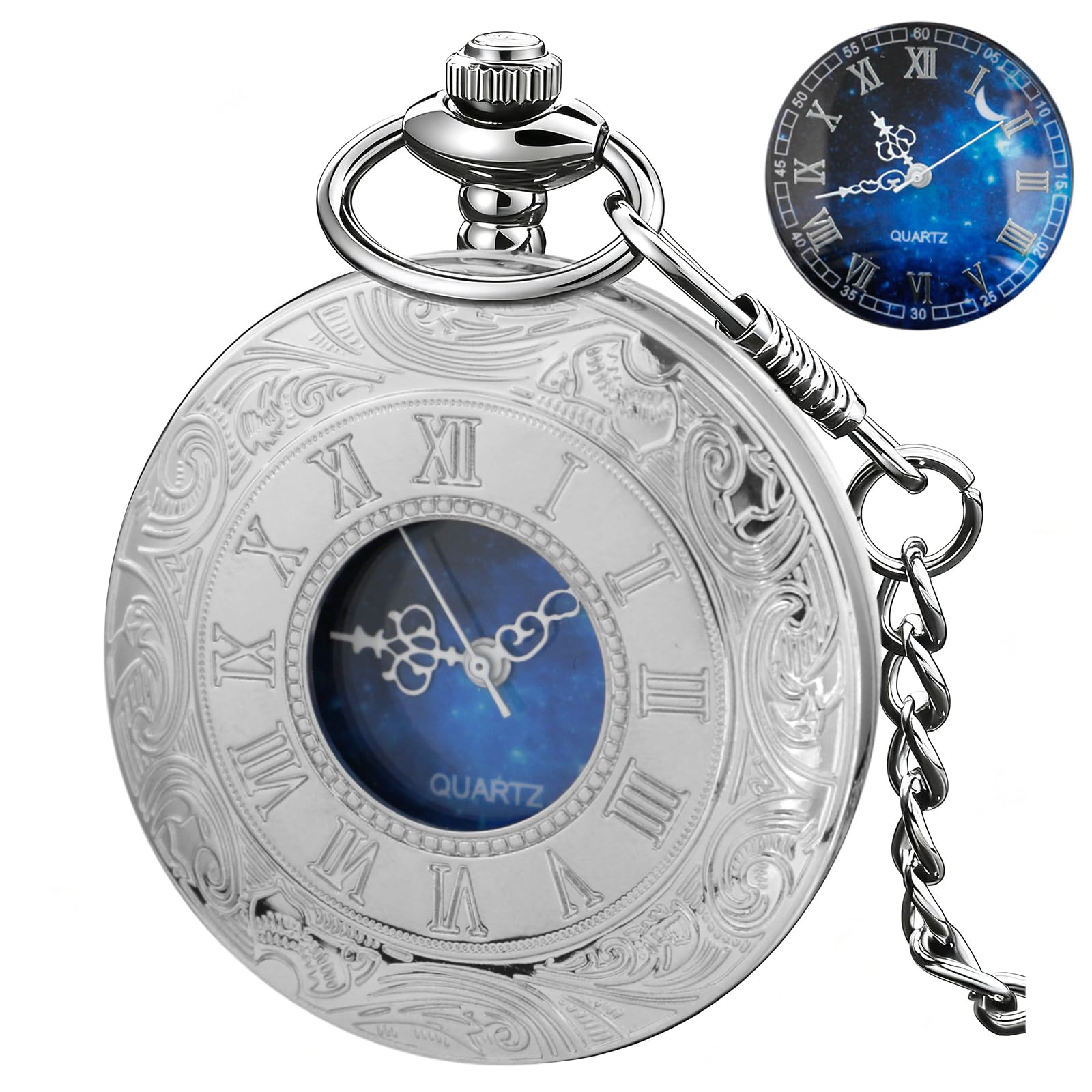 Tiong Vintage Pocket Watch Roman Numerals Scale Blue Starry Night Moon Dial Christmas Graduation Birthday Gifts Fathers Day(Silv