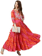Ishin Women'S Rayon Red & Orange Bandhani Zari Embellished Anarkali Kurta