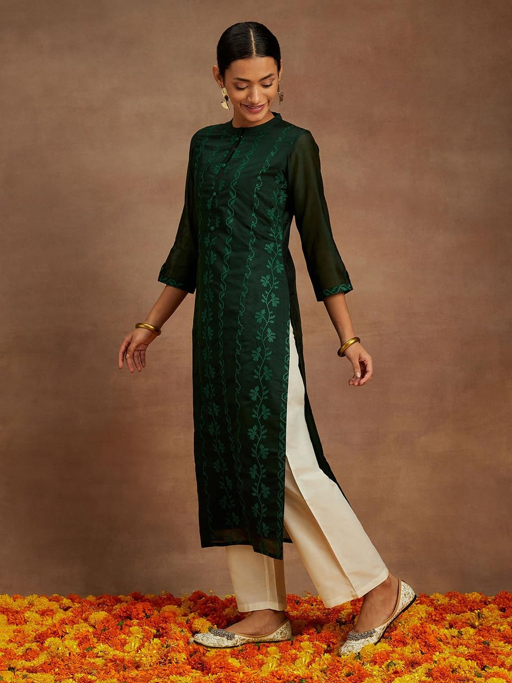 Libas WomenS Chanderi Silk Embroidered Straight Kurta (58008_Green