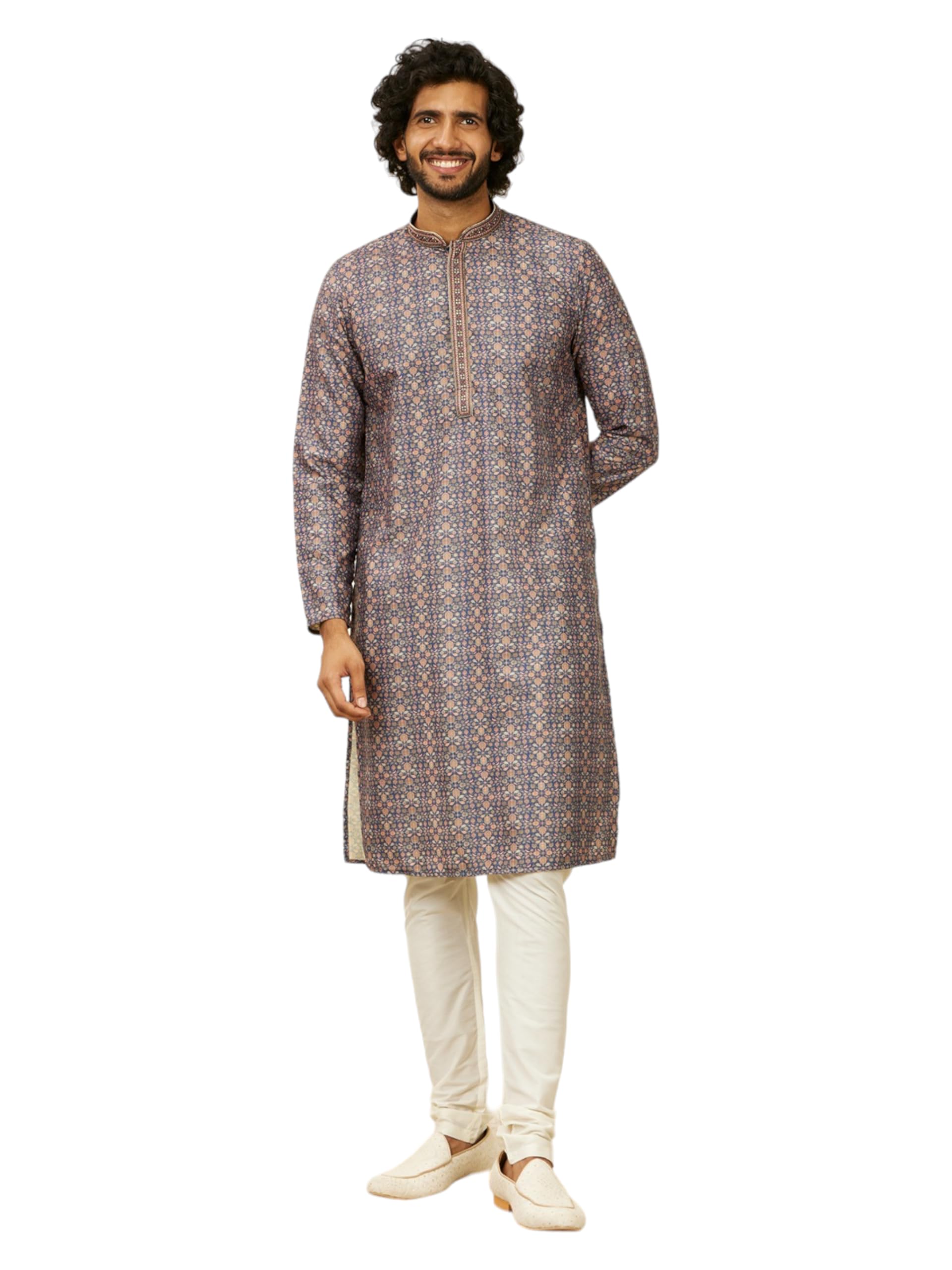 Manyavar Dark Blue Blended Viscose Printed|Embroidery Kurta Churidar Set for Men