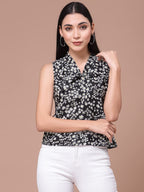 OOMPH! Womens Crepe Printed top with Tie Neck and Sleeveless