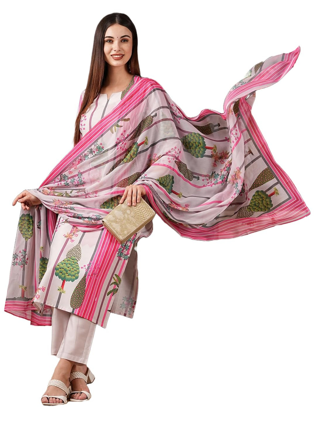 ANNI DESIGNER Womens Cotton Blend Straight Printed Kurta with Pant & Dupatta (Darur Pink_S_Pink_Small)