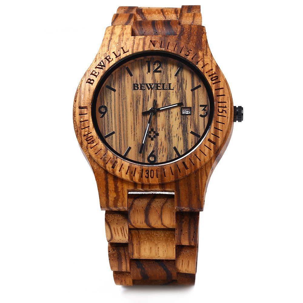 BEWELL ZS-W086B Mens Wooden Watch Analog Quartz Movement Date Display Lightweight Wood Wrist Watch (Zebra Wood)