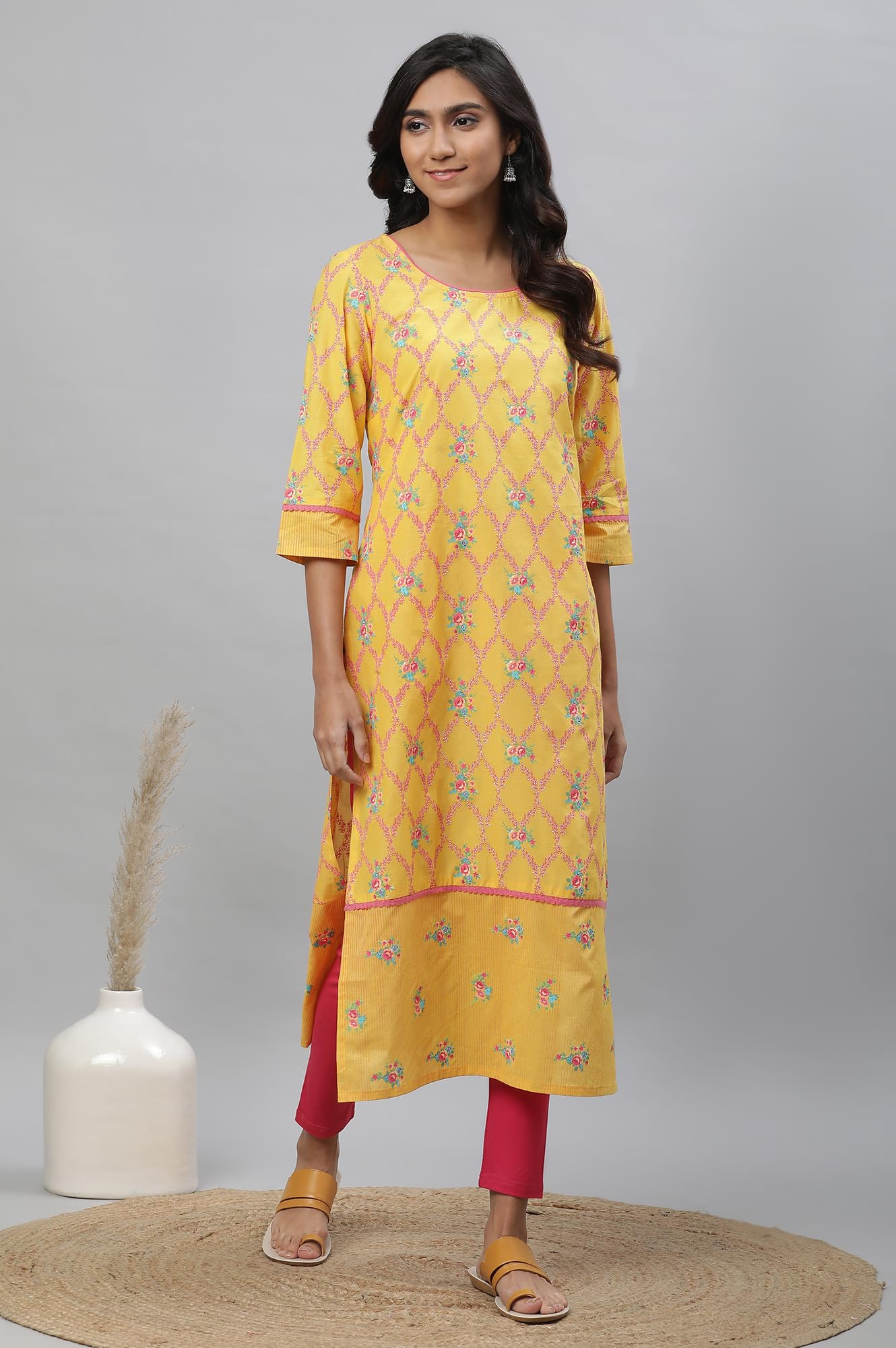 Aurelia Yellow Floral Printed Printed Cotton Lace Straight Long Kurta