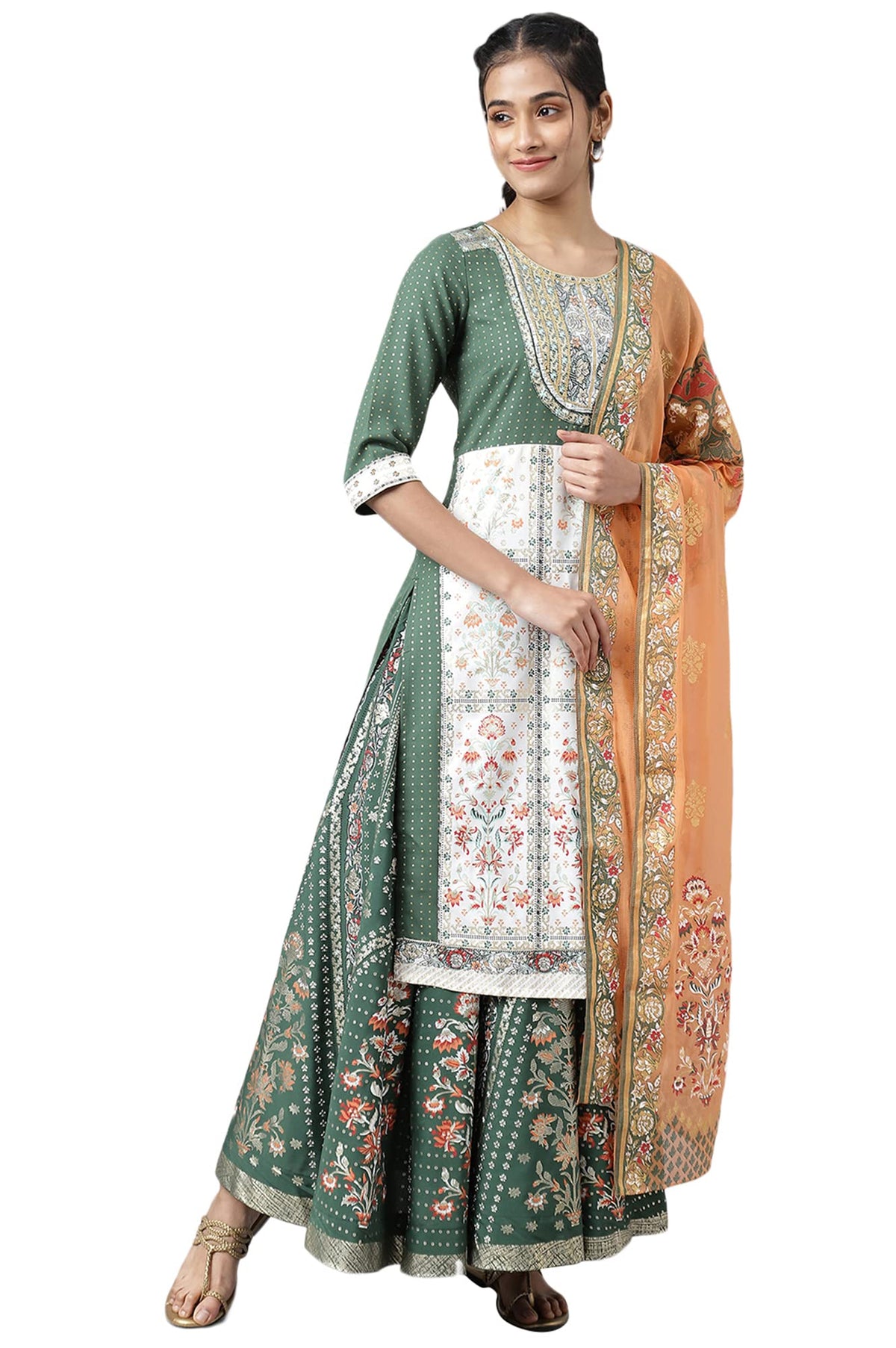 Green Printed Kurta, Skirt And Dupatta Set