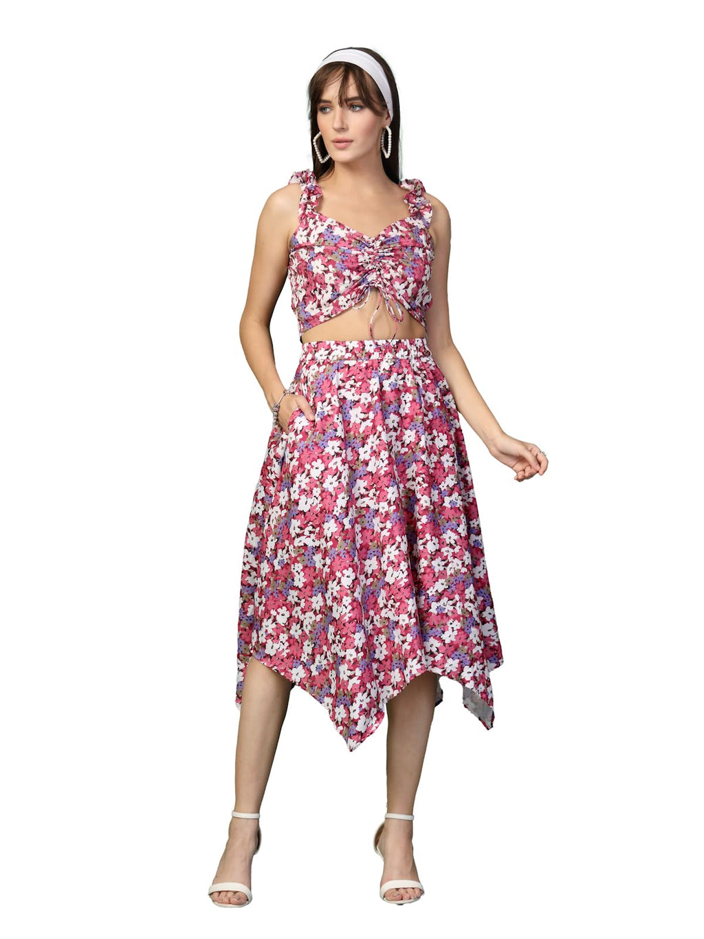 Oomph! Crepe Top And Skirt Set For Women, Pink - Coord_Mt878Msk186