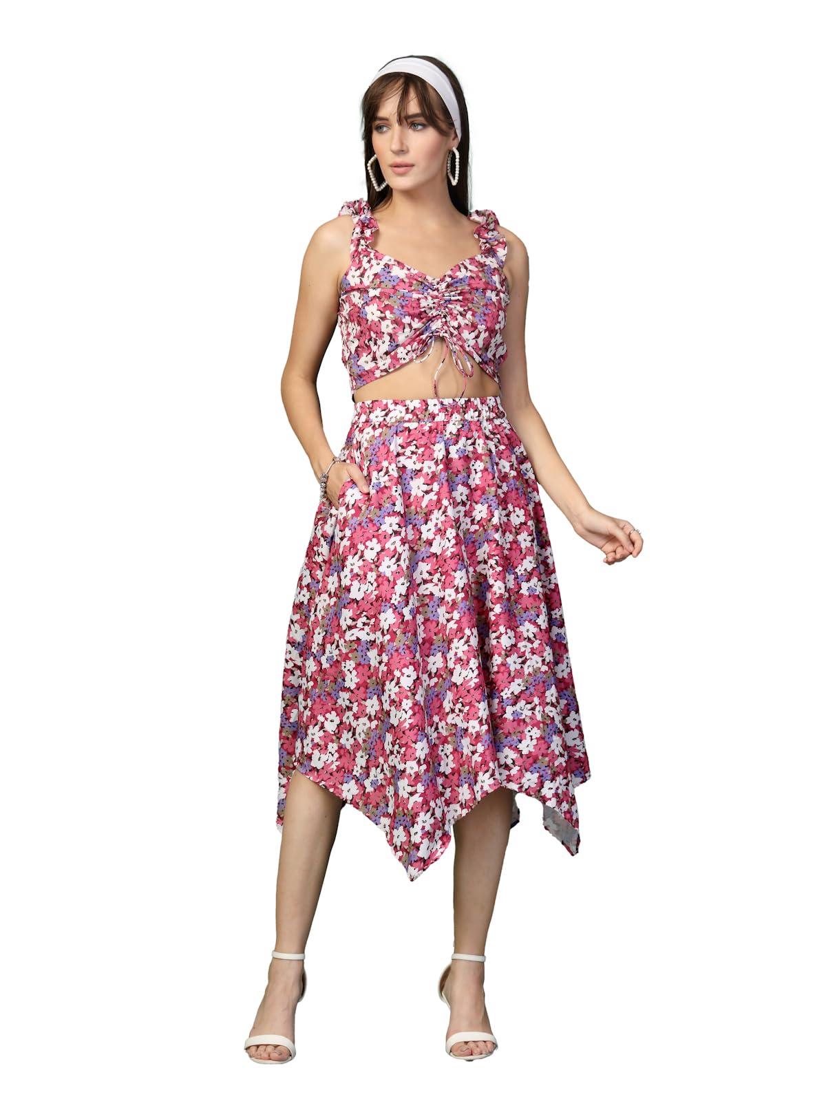 Oomph! Crepe Top And Skirt Set For Women, Pink - Coord_Mt878Msk186