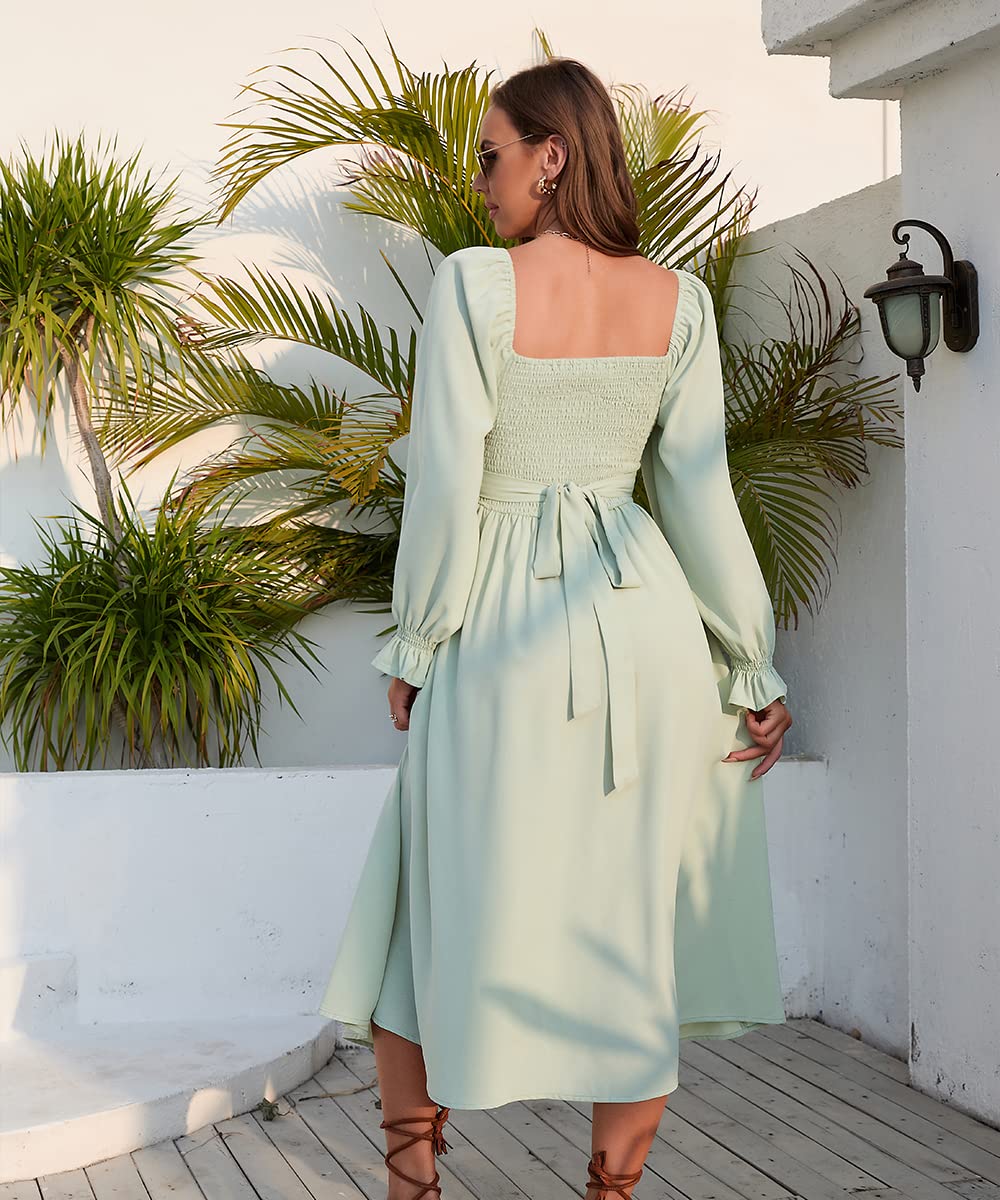 Women Tie Back Long Puff Sleeve Dress Sage Ruffle Wrap Reversible Flowy Casual Midi Dress with Pocket for Party Wedding Beach