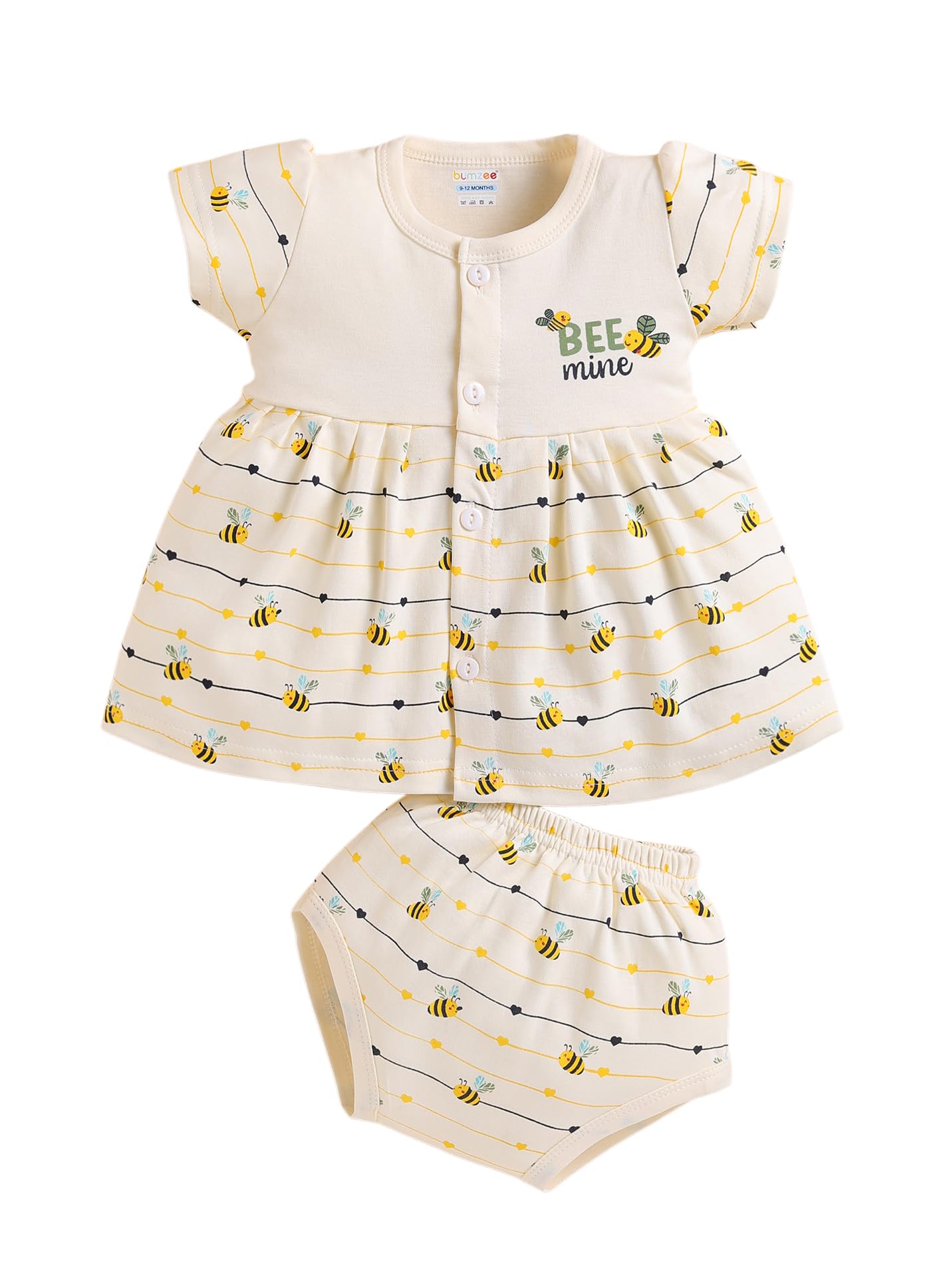 BUMZEE Girls Cotton Cap Sleeves Animal Print Above Knee Length Frock/Dress With Panty Cream - 6-9 Months (Peb11579D-crm)