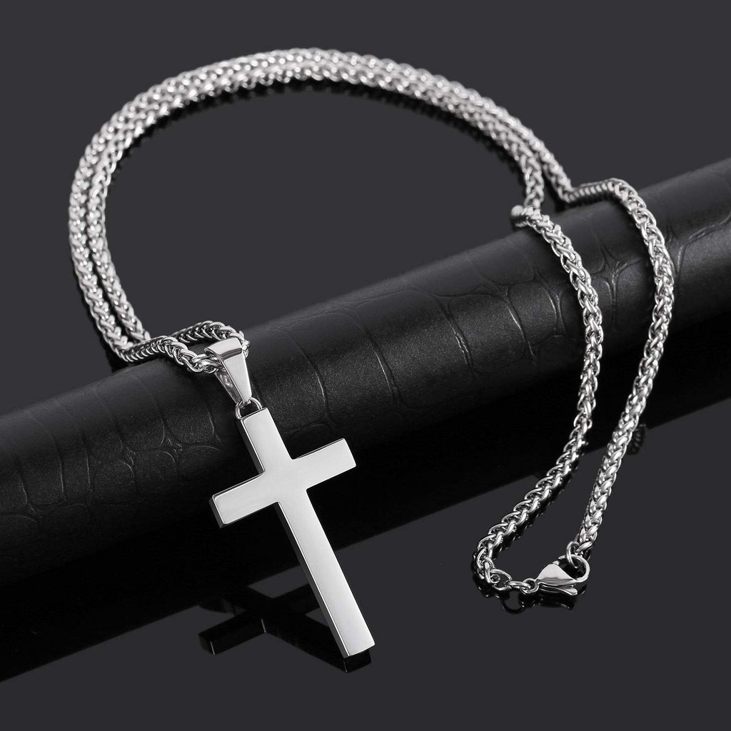 P. BLAKE Silver Cross Necklace for Men, Stainless Steel Cross Pendant Chain Christian Religious Jewelry Valentine Christmas Gift