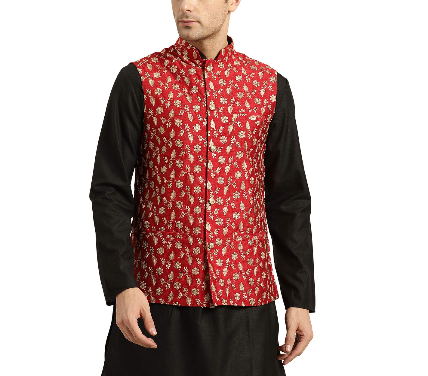 Sojanya (Since 1958, Mens Silk Blend, Red & Gold Embroidered Nehru Jacket, Size: 44