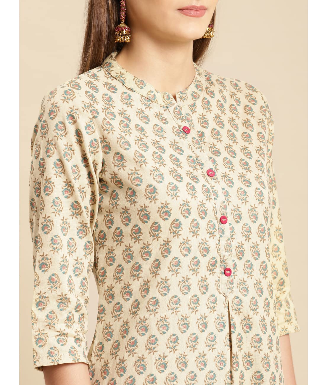 Rangita Beige Cotton Flex Calf Length Printed Straight Kurti For Women | Kurta For Women