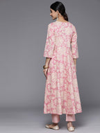 Varanga Women Pink Floral Printed Angrakha Style Anarkali Kurta Paired With Printed Bottom.