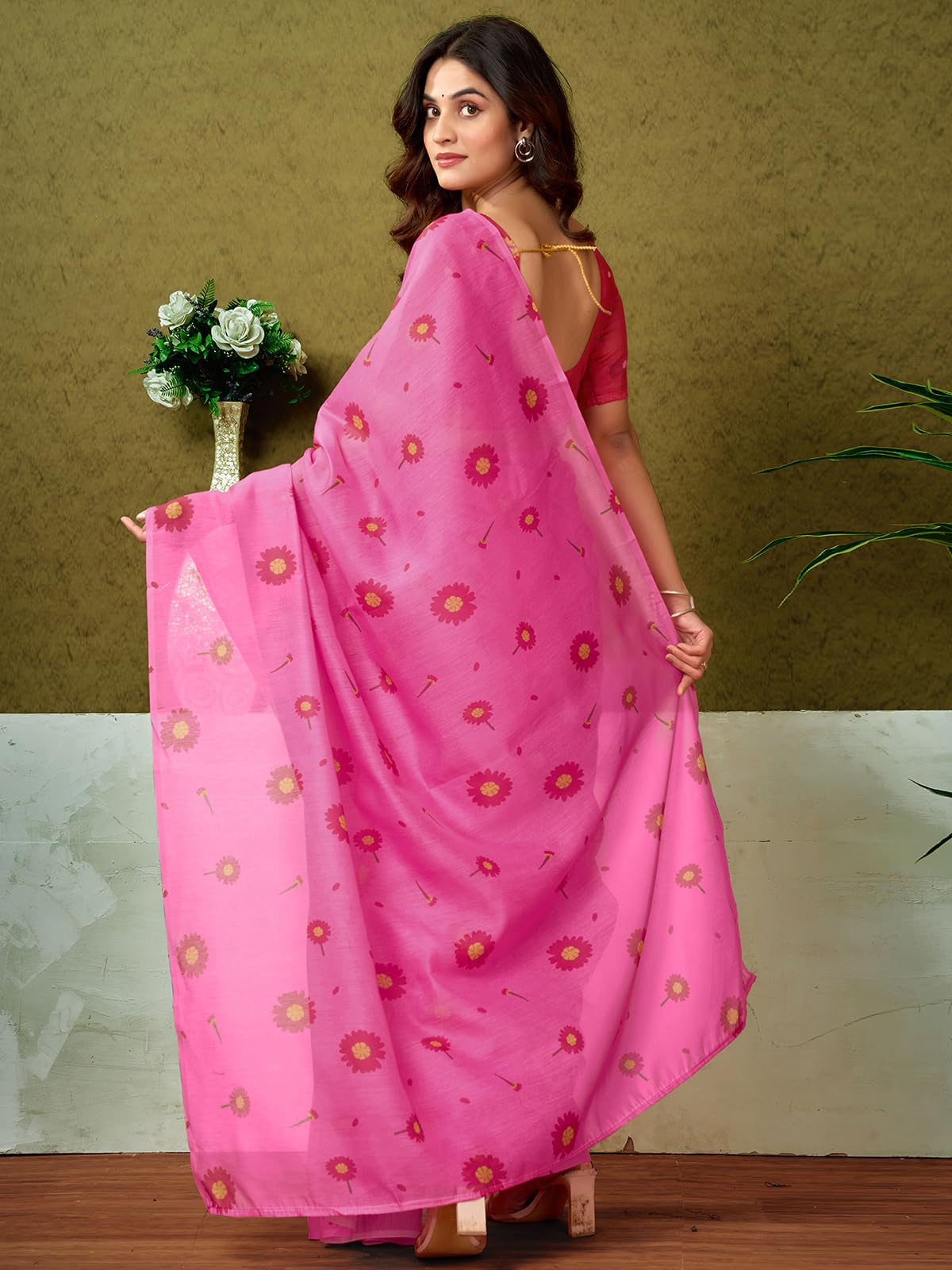 Satrani WomenS Chanderi Cotton Printed Ready To Wear One Minute Pre Pleated Readymade Saree With Unstitched Blouse Piece (32Rs2