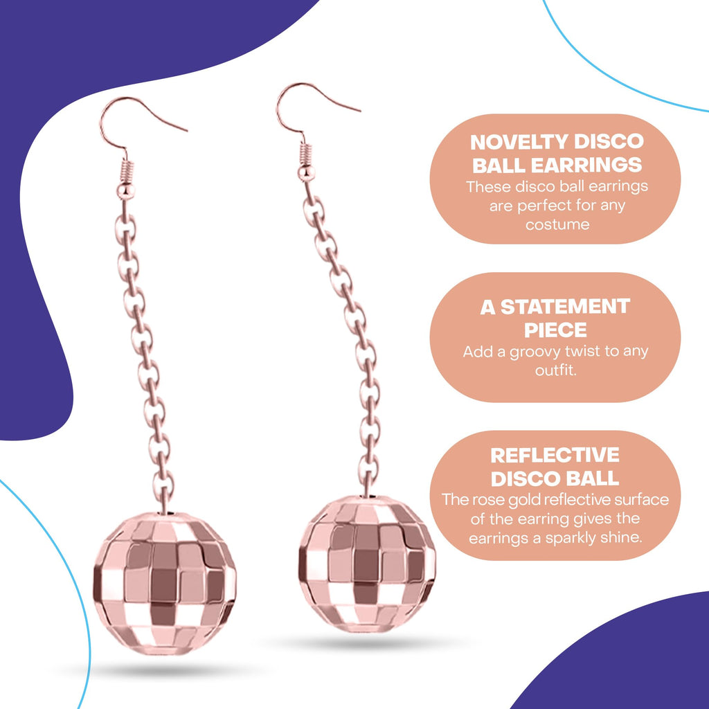 Rave Envy Disco Ball Earrings for Women - 70's Halloween Earrings Women's Costume Accessories - Choice of Color (Rose Gold)