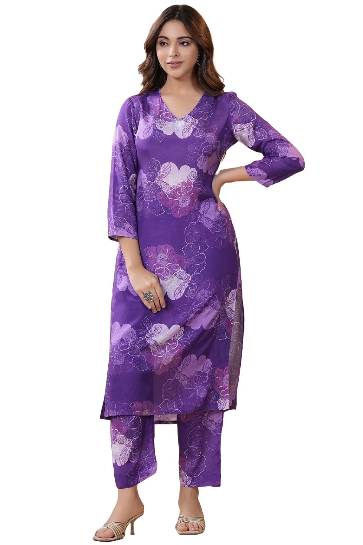 ANNI DESIGNER Cotton Blend Womens Calf Length Printed Straight Co-Ord Set (710 Violet_Purple_Large)