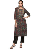 Anubhutee Women'S Cotton Bandhani Printed Straight Kurta Suit Set With Pants Abwkt2215_Bk_S_Black