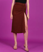 POPWINGS Women Casual Brown Long Slit Self Design Solid Skirt