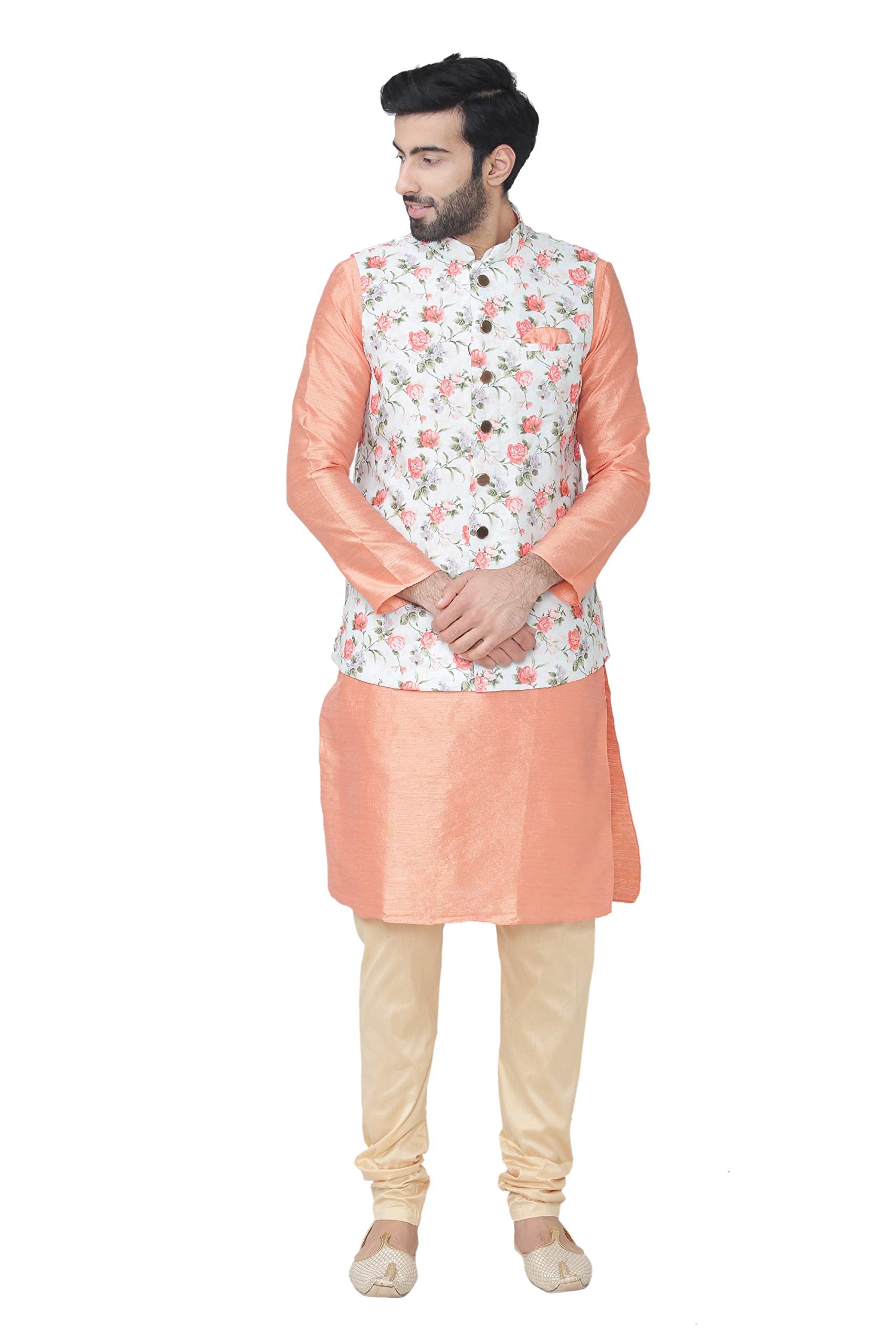 Manyavar Mens art silk Other Kurta Pyjama with Waist Coat (JAST099-333)