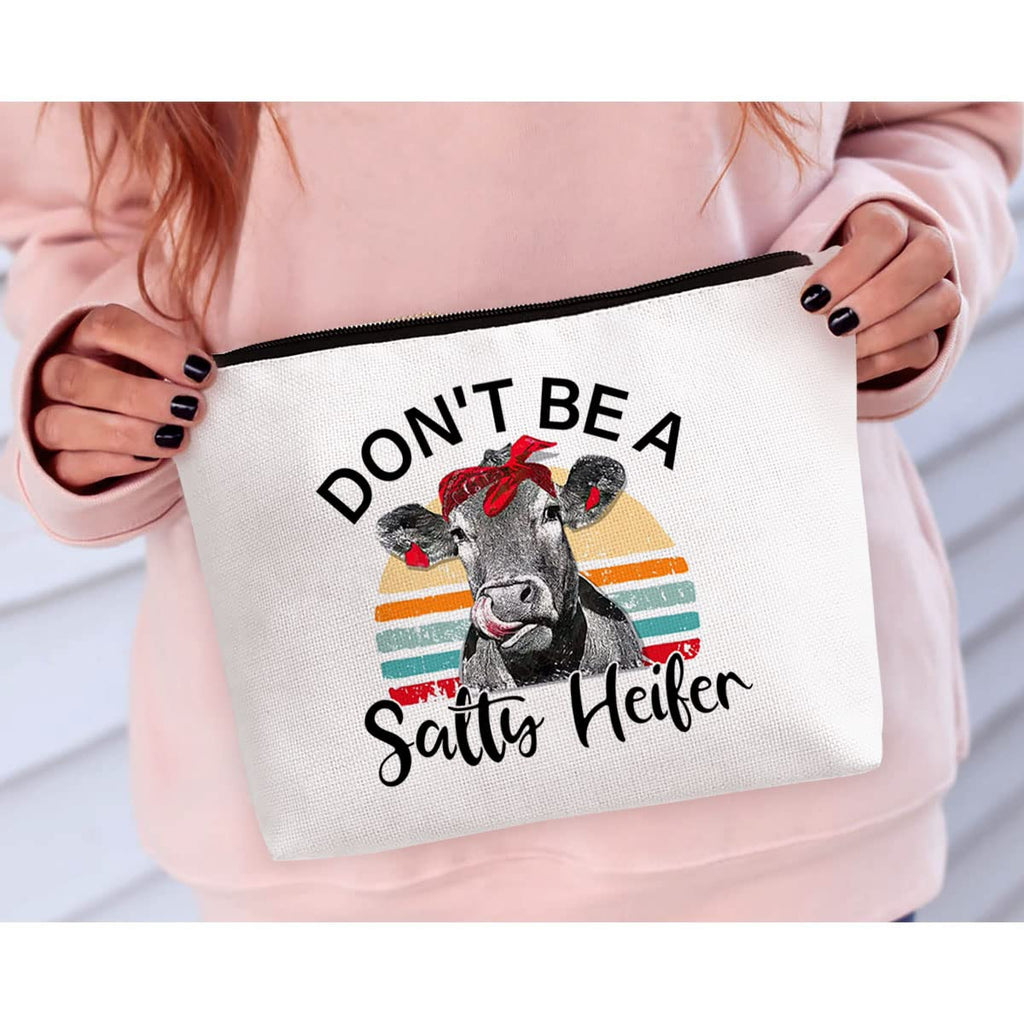BiuNiuring Cow Gifts for Cow Lovers, Cow Gifts for Women, Crazy Heifer Cosmetic Bag, Funny Retro Sarcastic Cow Makeup Bag, Don't