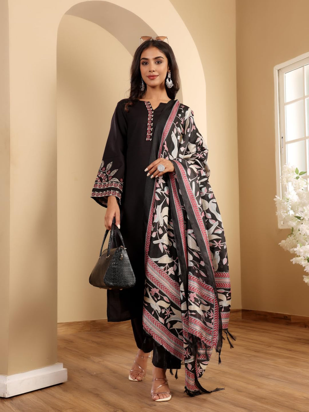 Varanga Thread Floral Embroidered Kurta Paired With Tonal Bottom And Printed Bhaghalpuri Dupatta Black