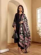 Varanga Thread Floral Embroidered Kurta Paired With Tonal Bottom And Printed Bhaghalpuri Dupatta Black