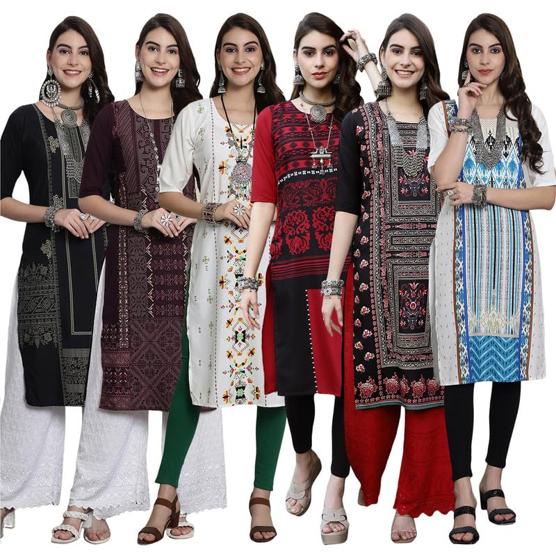Pinkmint Womens Crepe Digital Print Straight Kurta [Pack of 6]