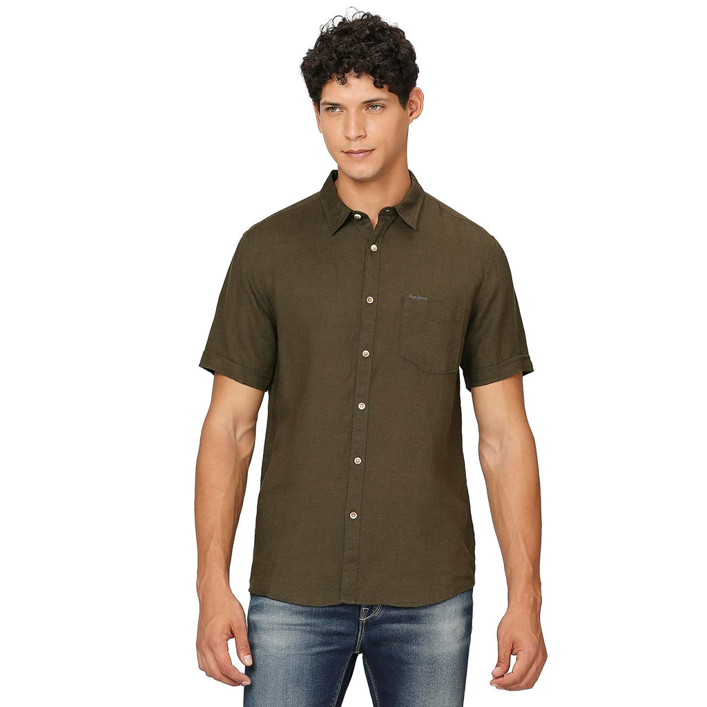 Pepe Jeans MenS Solid Regular Fit Shirt (Pm308260_Olive Green_Dark