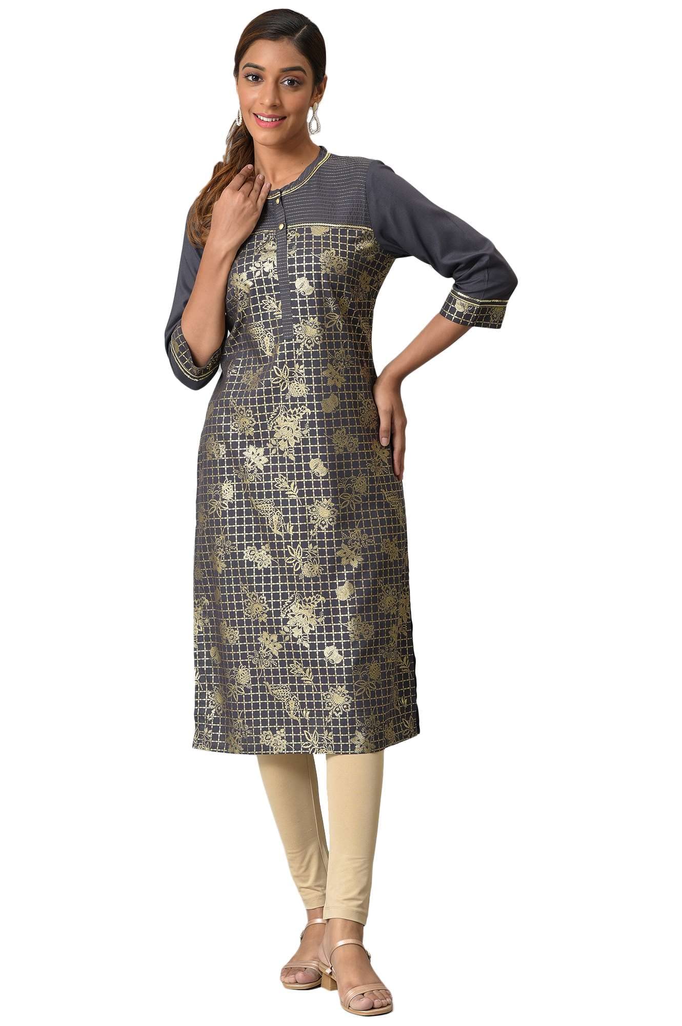 Grey Button Down Ethnic Liva Kurta