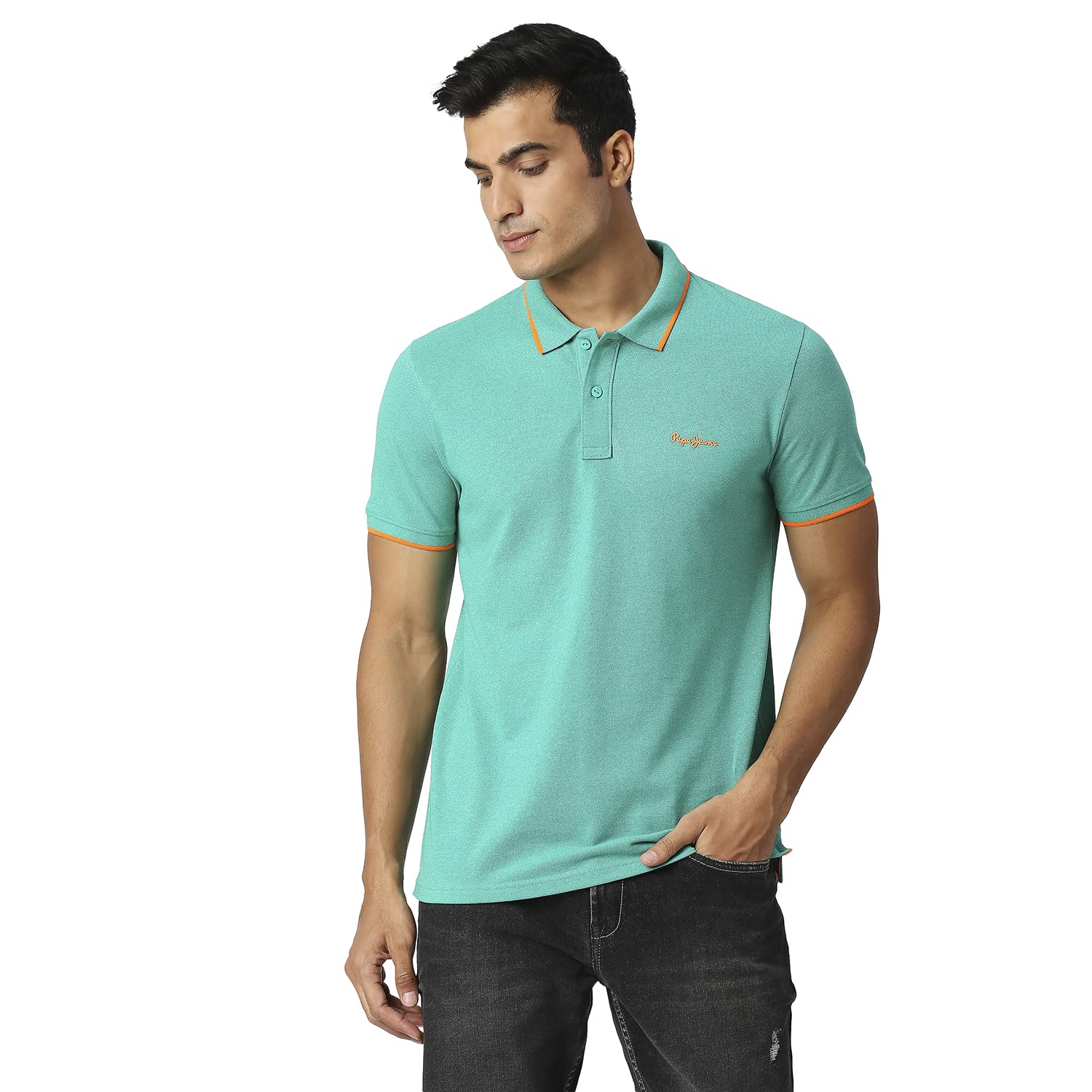 Pepe Jeans Men Cotton Blend Regular Fit Solid Polo T-Shirts Sea Green, Small