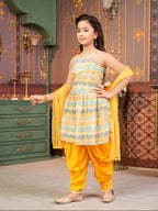 Aarika Girls Ethnic Wear Yellow Colour Floral Print Silk Kurti Patiala Set (4-13 Years)