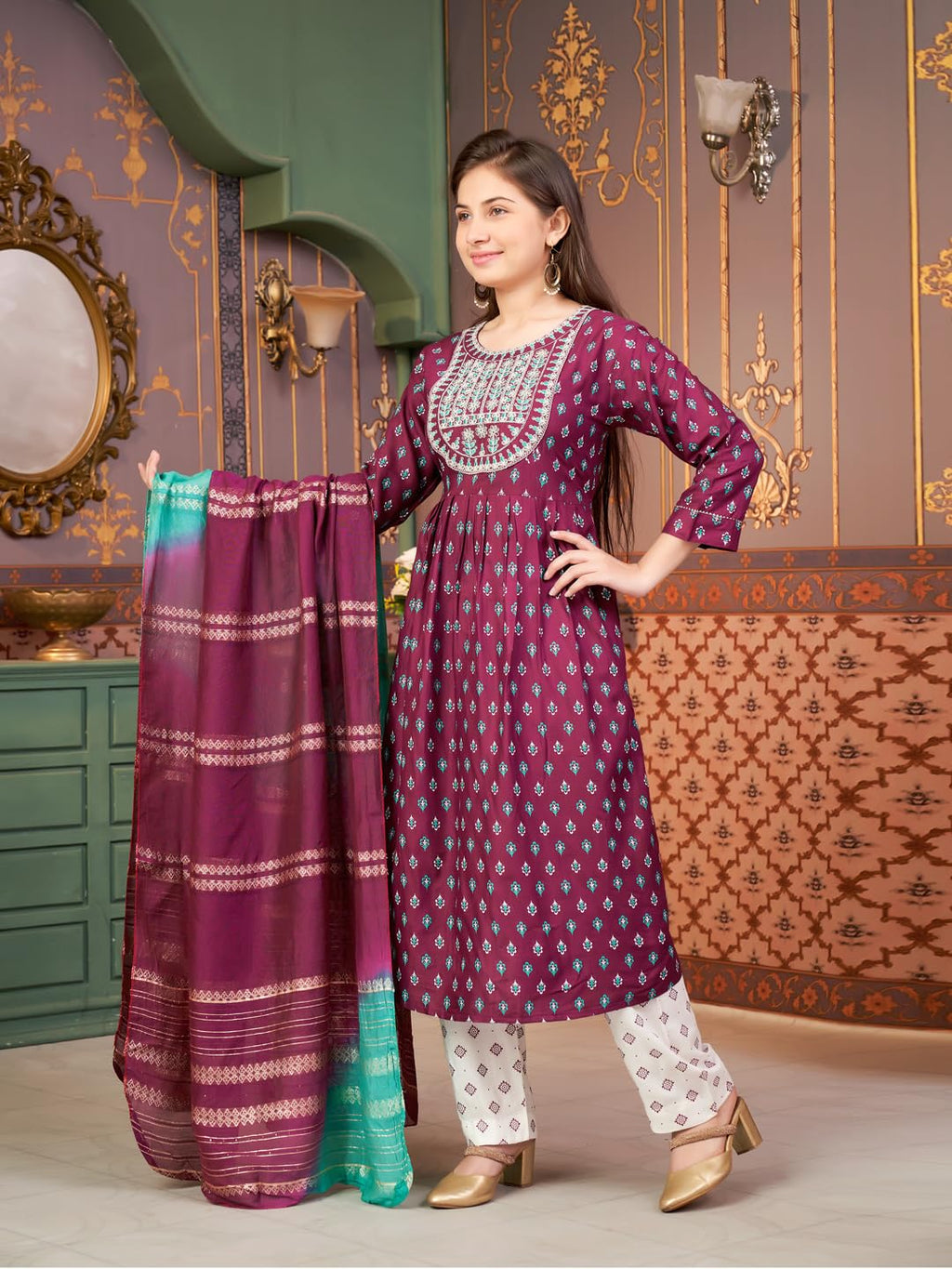 Aarika Girls Ethnic Wear Purple-White Colour Floral Print Rayon Kurti Pant Set-8-15 Years (Kp-Sd-5869)