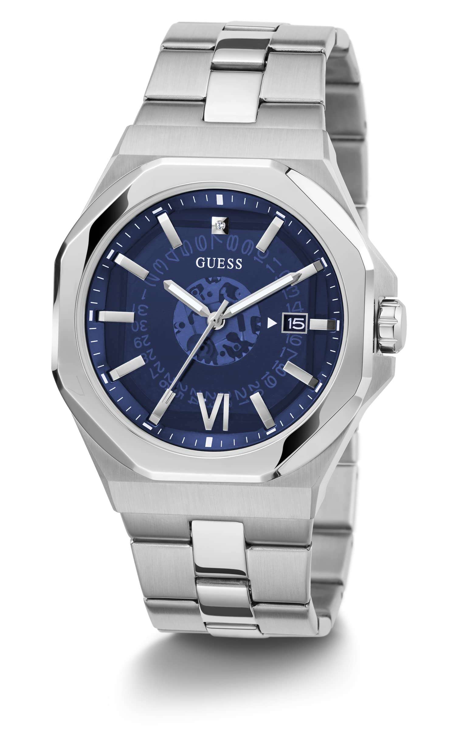 GUESS Men's 42mm Watch - Silver Tone Strap Blue Dial Silver Tone Case