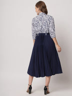 Kzully WomenS Print 3/4 Sleeve Pleated Midi Dress With Belt Navy Blue