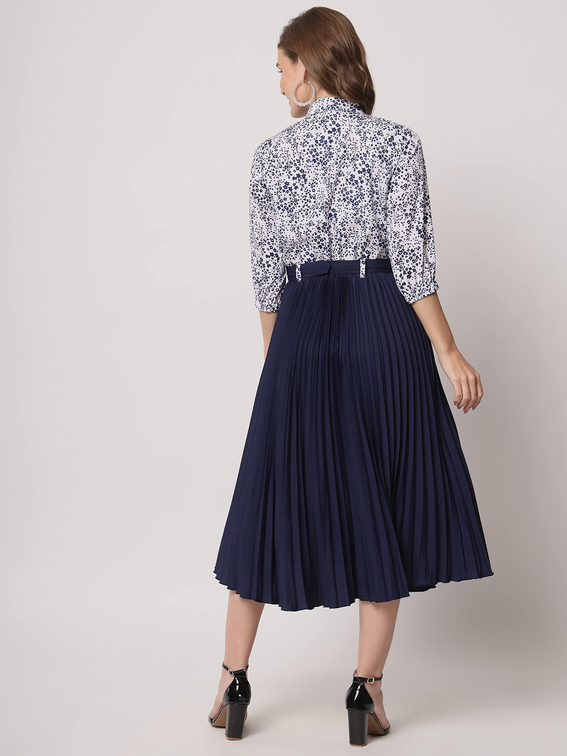 Kzully WomenS Print 3/4 Sleeve Pleated Midi Dress With Belt Navy Blue