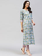 ANNI DESIGNER Womens Cotton Blend Straight Printed Kurta with Pant (Nampati) Blue