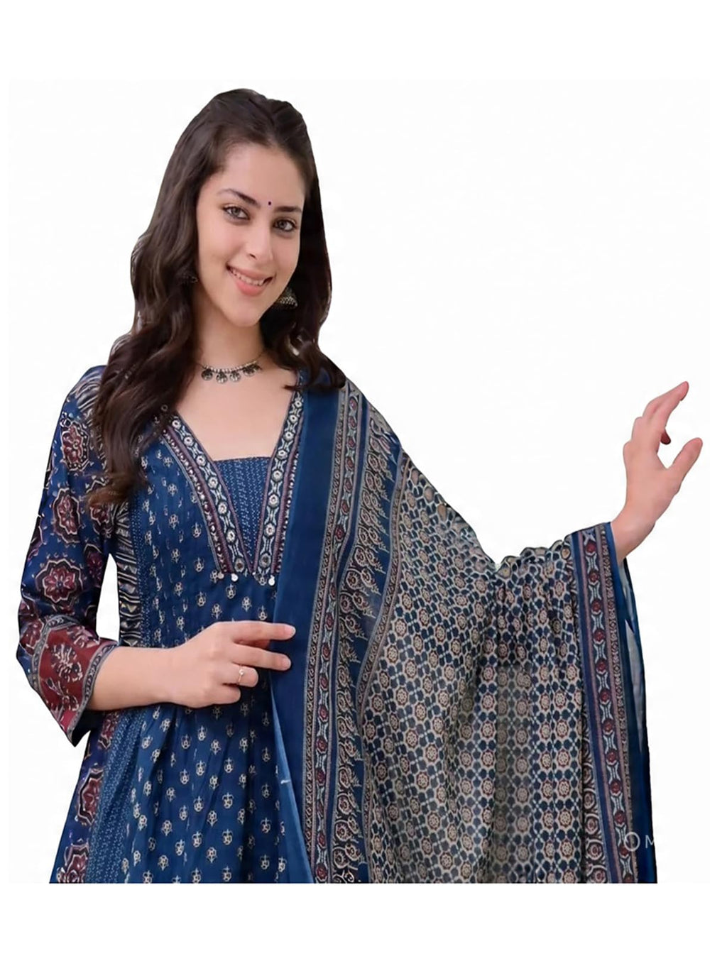 Anni Designer Women'S Rayon Viscose Anarkali Printed Kurta With Palazzo & Dupatta (Nakula Blue_Xxl_Blue_Xx-Large)