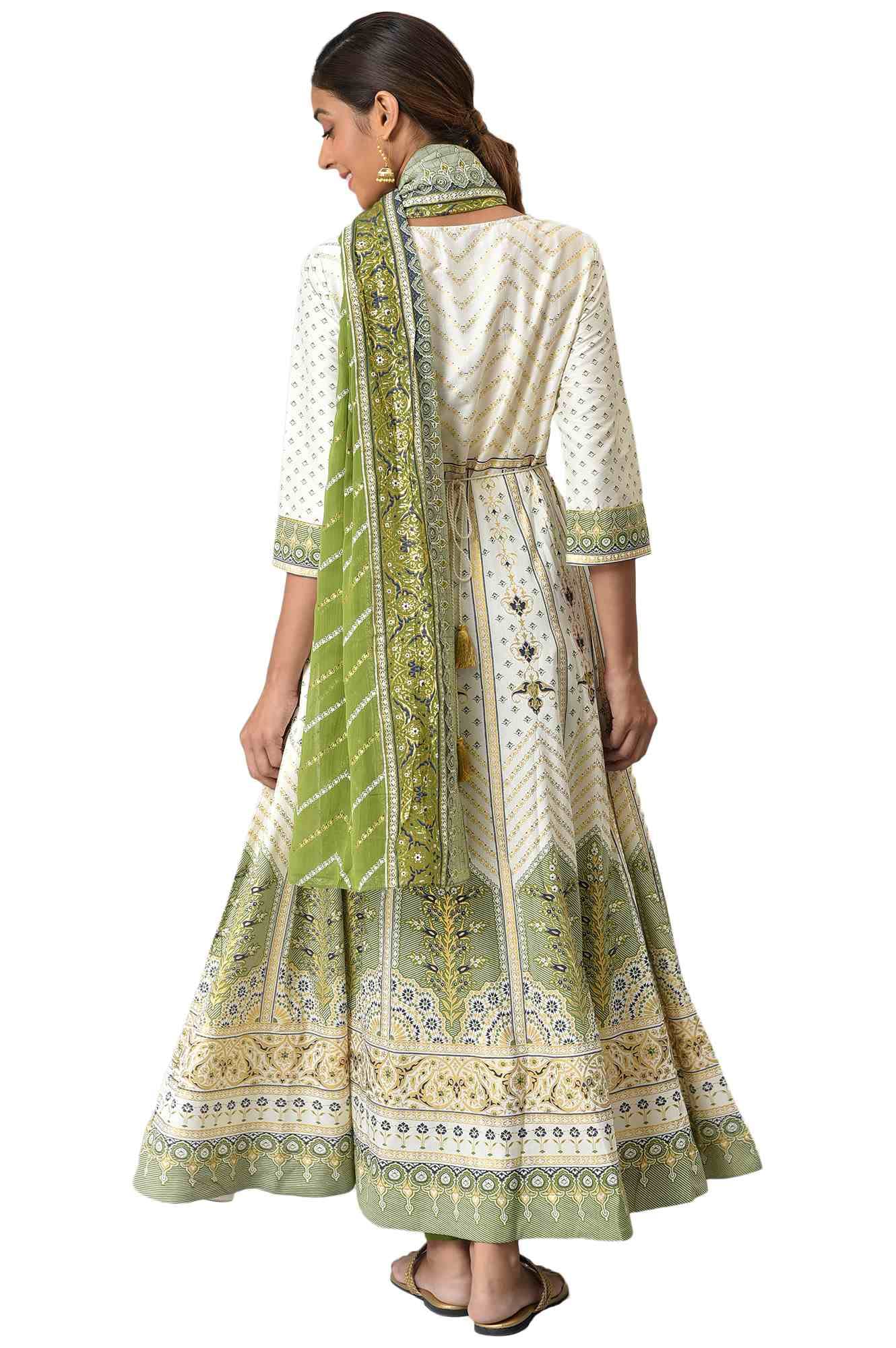 Aurelia Women Viscose Liva Floral Printed Flared Regular Kurta With Green Tights And Dupatta