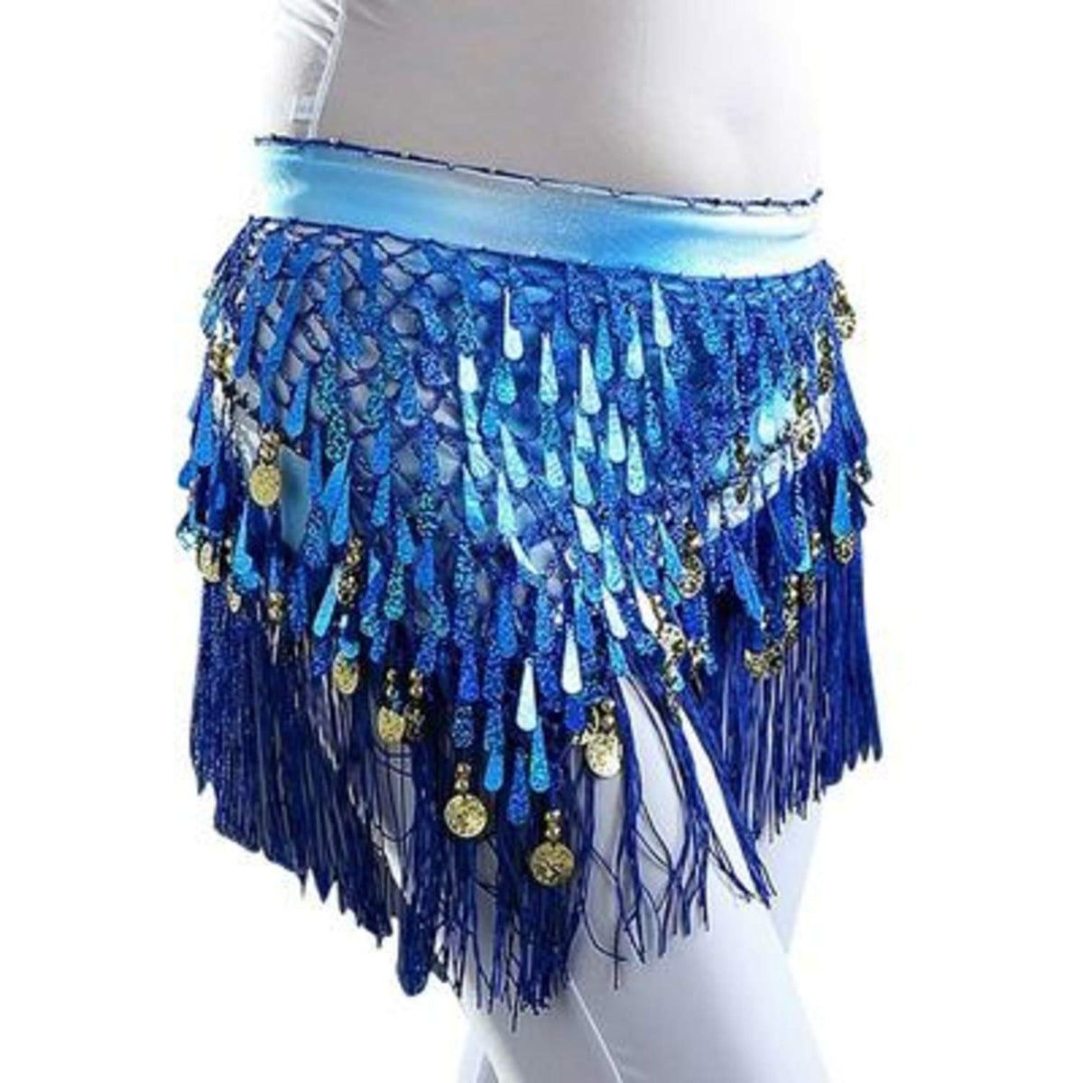 Vritraz WomenS Chiffon Belly Dance Hip Scarf Waistband Belt Skirt Mixed Colors Sequence Beads And Golded Coins Royal Blue 2