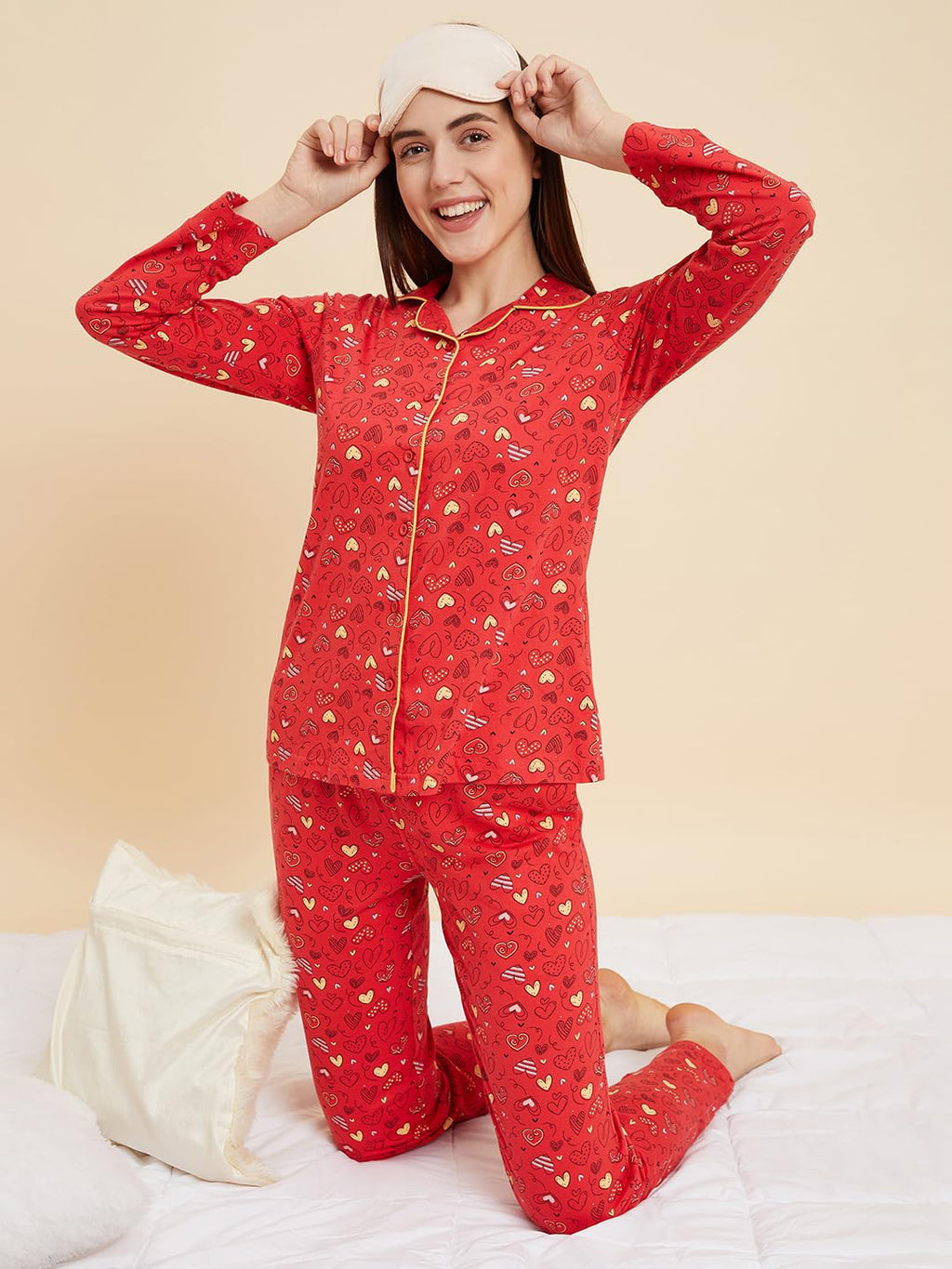 Sweet Dreams Women Printed Full Sleeves Pyjama Set Red