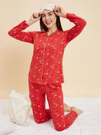 Sweet Dreams Women Printed Full Sleeves Pyjama Set Red