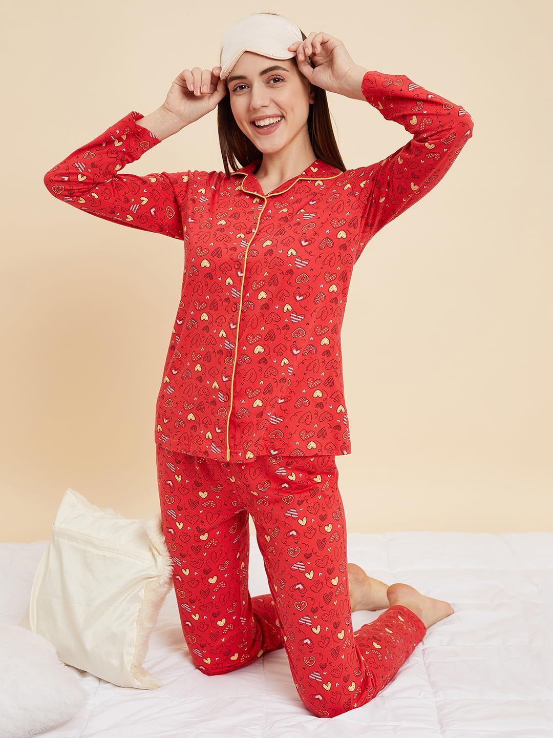 Sweet Dreams Women Printed Full Sleeves Pyjama Set Red